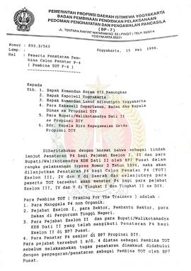 Surat dari Kepala BP-7 Daerah Istimewa Yogyakarta kepada Komandan Korem 072 Pamungkas, dan kawan-...