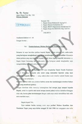 Surat dari Ny. Hj. Kartini kepada Ketua MA RI tentang pemberitahuan adanya upaya menghalangi usah...