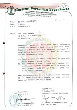 Surat dari Institut Pertanian Yogyakarta kepada Kepala BP-7 Provinsi Daerah Istimewa Yogyakarta p...