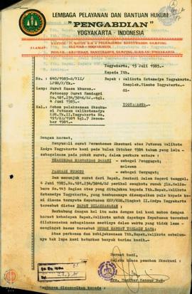 Surat dari Lembaga Pelayanan dan Bantuan Hukum ”Pengabdian” Yogyakarta kepada Walikota Kotamadya ...