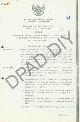 SK Mendagri No.  67 tahun 1984 tentang Pembentukan Kantor Agraria Kab. Sleman, Bantul, Kulon Prog...