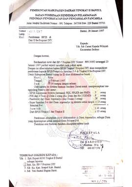 Surat dari Pelaksana Harian (PLH) Kepala BP-7 Pemerintah Kabupaten Daerah Tingkat II Bantul kepad...
