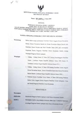 Keputusan Panitia Pengawas Pemilihan Umum Kecamatan Kalibawang No. 91 Tahun 2009 tentang Penetapa...