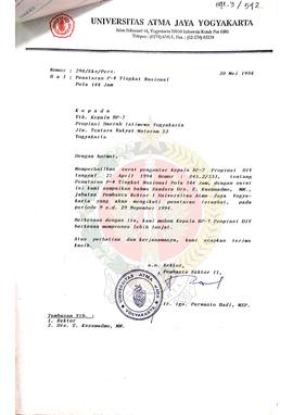 Surat dari Pembantu Rektor II a.n. Rektor Universitas Atma Jaya Yogyakarta kepada Kepala BP-7 Pro...
