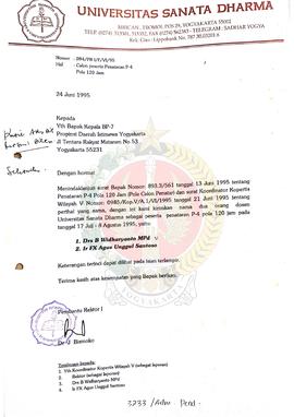 Surat dari Pembantu Rektor I Universitas Sanata Dharma kepada Kepala BP-7 Provinsi Daerah Istimew...