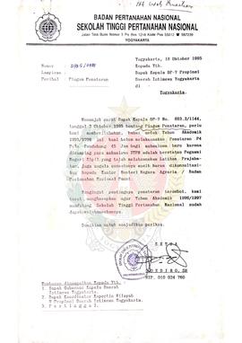 Surat dari Ketua Sekolah Tinggi Pertanahan Nasional kepada Kepala BP-7  Provinsi  Daerah Istimewa...
