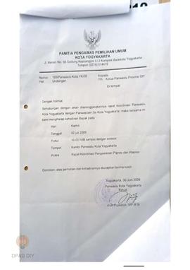 Undangan dari Panwaslu Kota Yogyakarta tentang Rapat Koordinasi Panwaslu Kota Yogyakarta dengan P...