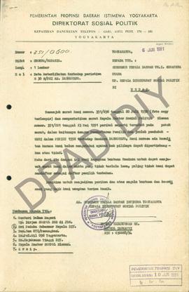 Surat dari Gubernur Kepala Daerah Tk. I Daerah Istimewa Yogyakarta, atas nama, Kepala Direktorat ...