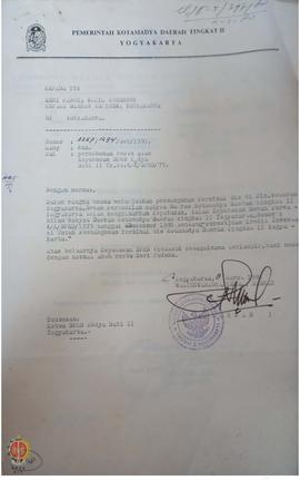 Surat nomor 3357/1294/Sek/1980, tertanggal 8 Maret 1980 dari Walikota Yogyakarta kepada Wakil Gub...