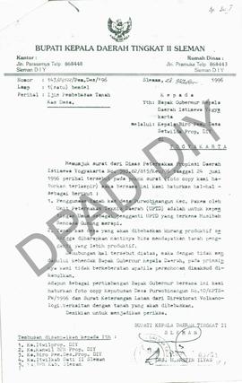 Surat dari Bupati Sleman Drs. H.Arifin Ilyas kepada Gubernur Daerah Istimewa Yogyakarta tentang i...