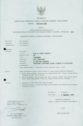 Petikan Keputusan Gubernur Kepala Daerah Istimewa Yogyakarta Nomor: 216/KPTS/1996 tentang Pengang...