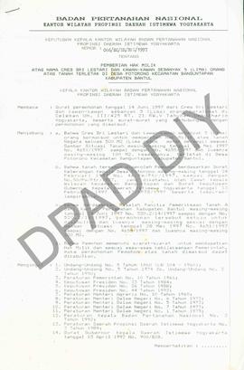 Surat Keputusan Kepala   Kantor Wilayah BPN Provinsiinsi DIY                    No : 066/SK/HM/BP...