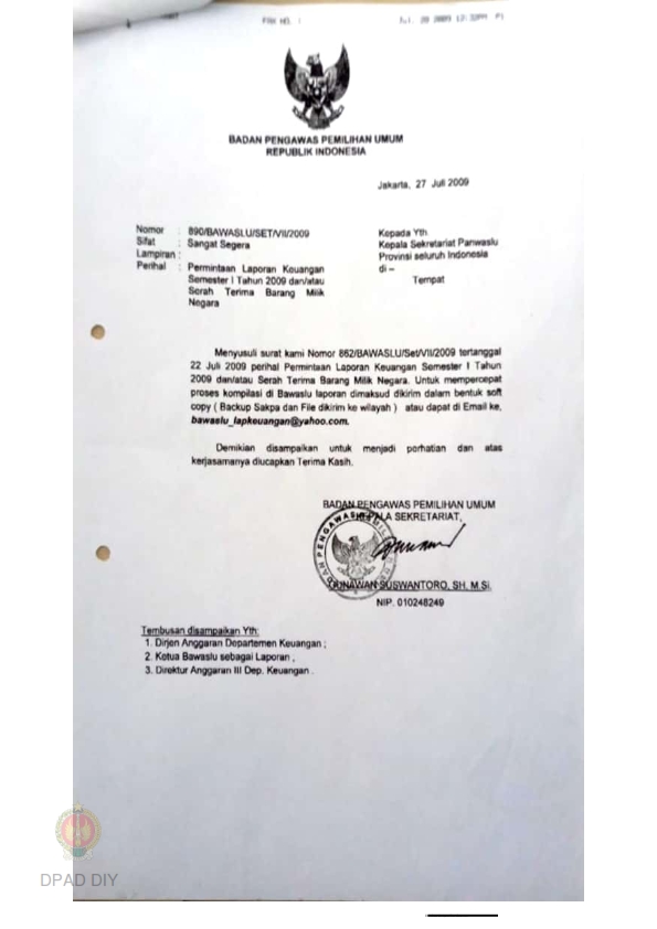 Surat Badan Pengawas Pemilihan Umum Republik Indonesia No 890/Bawaslu ...