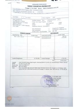Surat Perintah Membayar No 00027/PANWASLU-DIY/09 sejumlah Rp 14.031.815 untuk membayar akomodasi ...