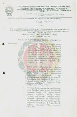 Surat keputusan Kepala BP-7 Provinsi Daerah Istimewa Yogyakarta nomor: 893.1657 tentang susunan p...