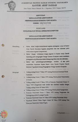 Surat Keputusan Kepala Kantor Arsip Daerah Provinsi Daerah Istimewa Yogyakarta nomor: 008/KEP/199...