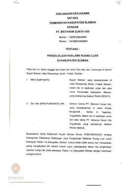 Perjanjian kerjasama antara Pemerintah Kabupaten Sleman dengan PT Mataram Surya Visi No. 03/PK.KD...