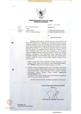 Surat dari Badan Pengawas Pemilihan Umum Republik Indonesia kepada Ketua  Panwaslu Provinsi, Kabu...