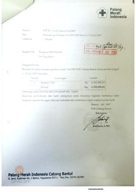 Surat dari PMI Cabang Bantul kepada pengurus PD PMI DIY tentang permohonan perdiem Tim PSP PMI Ba...