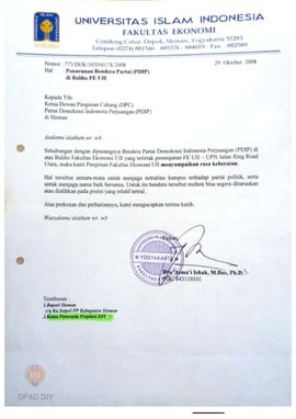 Surat dari Fakultas Ekonomi Universitas Islam Indonesia kepada Ketua DPC Partai Demokrat Indonesi...