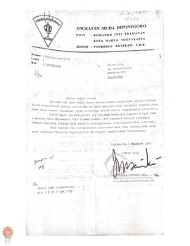 Surat dari Angkatan Muda Diponegoro Unit Keamanan Kota Yogyakarta Poskus Kotikam THR kepada Sekwi...