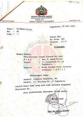 Surat dari Ketua Gerakan Karya Justitia Indonesia (GKJI) kepada Ketua BP-7 Provinsi Daerah Istime...