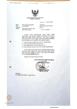 Surat dari Bawaslu untuk Ketua  Panwaslu Provinsi DIY perihal permohonan data wilayah dan TPS pad...