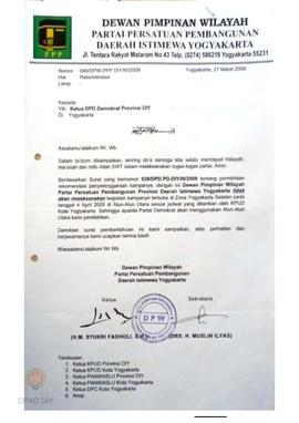 Surat dari DPW PPP kepada Ketua  Panwaslu Daerah Istimewa Yogyakarta perihal permintaan rekomenda...