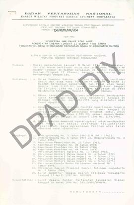 Surat Keputusan Kepala Kantor Wilayah Badan Pertanahan Nasional Provinsi DIY. No : 756/SK / HP / ...