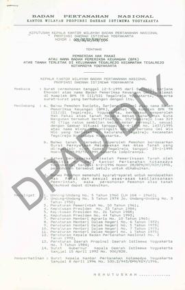 Surat Keputusan Kepala   Kantor Wilayah Badan Pertanahan Nasional Provinsi DIY. No : 009/SK / HP ...