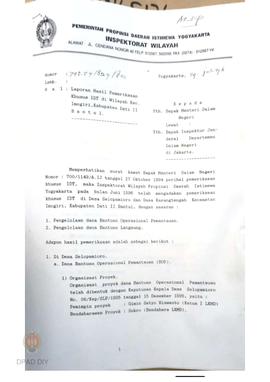 Surat dari Inspektorat Wilayah propinsi DIy nomor 790.04/829/ kepada  Menteri Dalam Negri perihal...