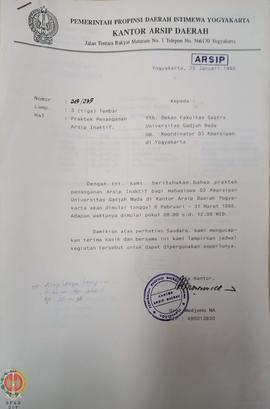 Surat dari Kepala Kantor Arsip Daerah Provinsi Daerah Istimewa Yogyakarta kepada Dekan Fakultas S...