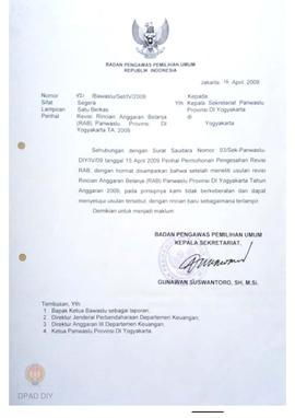 Surat dari Bawaslu RI kepada Kepala Sekretariat Panwaslu DIY tentang Revisi Rincian Anggaran Bela...