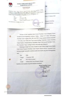 Surat dari Komisi Pemilihan Umum Kabupaten Sleman kepada Panwaslu DIY tentang permohonan narasumb...
