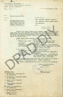 Surat dari Kepala Kantor Imigrasi Yogyakarta, Drs.Sukono kepada Direktur Jenderal Imigrasi Up. Di...