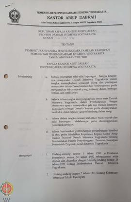 Surat Keputusan Kepala Kantor Arsip Daerah Provinsi Daerah Istimewa Yogyakarta Nomor: 14/KEP/1999...