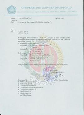 Surat dari Pembantu Rektor I a.n Rektor Universitas Wangsa Manggala kepada Kepala BP-7 Daerah Ist...
