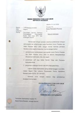 Surat dari Badan Pengawas Pemilihan Umum Republik Indonesia Nomor : 495 / Bawaslu / VI / 2009 per...