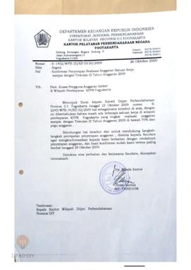 Surat Departemen Keuangan No 5-1402/WPB.15/KP.0110/2009 tentang Konfirmasi Penyerapan Realisasi A...