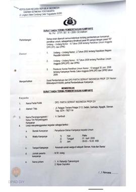 Surat dari Polda Daerah Istimewa Yogyakarta kepada DPD Partai Serikat Indonesia perihal tanda ter...