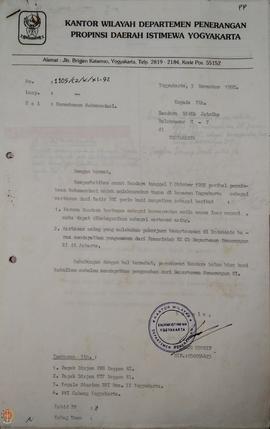Berkas surat dari Kepala Kantor Wilayah Departemen Penerangan Daerah Istimewa Yogyakarta kepada S...