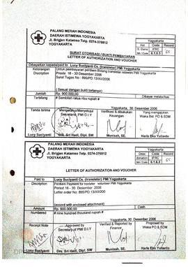 Surat otorisasi/bukti pembayaran perdiem bidang transleten relawan PMI Yogyakarta yang dibayarkan...