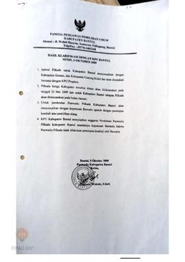 Surat hasil klarifikasi dengan KPU Bantul.