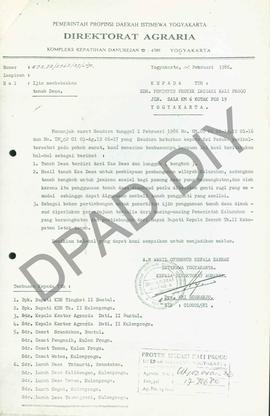 Surat dari Kepala Direktorat Agraria kepada Pemimpin Proyek Irigasi Kali Progo Yogyakarta perihal...