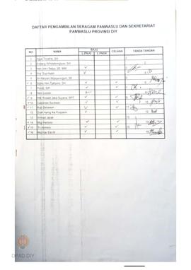 Daftar pengambilan seragam Panwaslu dan Sekretariat Panwaslu provinsi DIY.