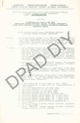 Surat Keputusan Kepala   Kantor Wilayah Badan Pertanahan Nasional Provinsi DIY. No : 741 /SK / HP...