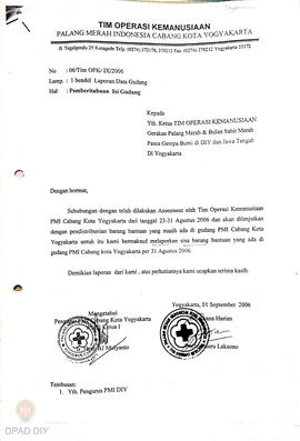 Surat nomor 06/Tim OPk/IX/2006 tanggal 15 September 2006 dari Tim Operasi Kemanusiaan PMI Yogyaka...