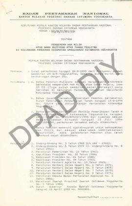 Surat Keputusan Kepala   Kantor Wilayah BPN Provinsiinsi DIY                     No : 003/SK/HM/B...