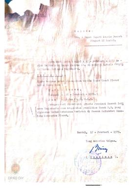 Surat pemberitahuan kepada Bupati Kepala Daerah Tingkat II Bantul tanggal 17 Pebruari 1979 periha...