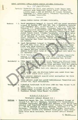 Surat Keputusan Kepala Daerah DIY, no. 67/HAK/KPTS/1978 tanggal 2 Juli 1979 tentang pemberian Hak...